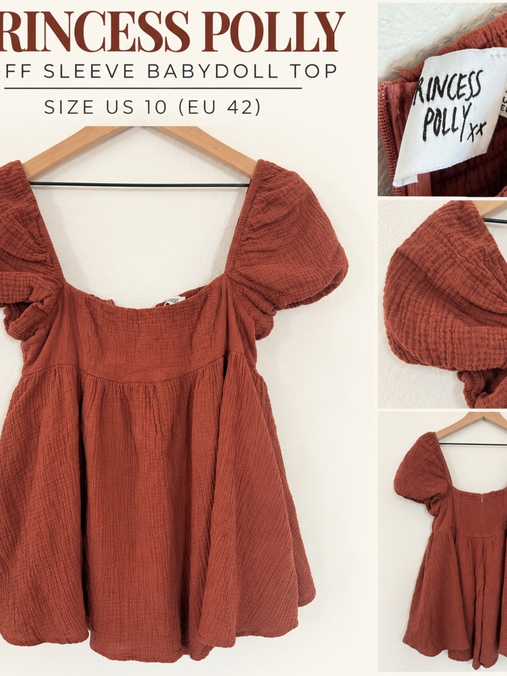 Princess Polly Rust Puff Sleeve Babydoll Romper - Terracotta